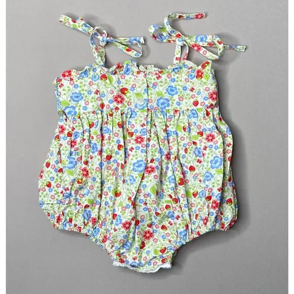 Vive La Fete Girls 6 Mo Strawberry Floral Smocked Shoulder Tie Bubble Romper - Picture 3 of 5